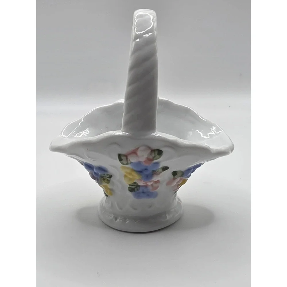 vintage porcelain basket And Vase With Beautiful Blue Pink Yellow Flowers